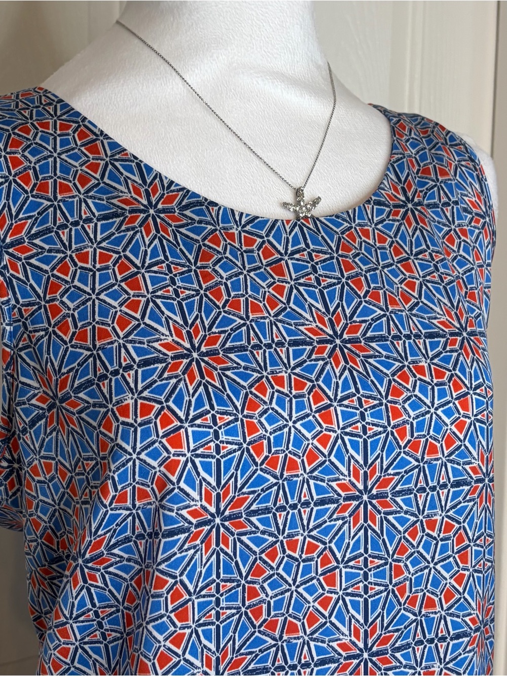 J. Crew Geometric Sleeveless Blouse in Blue & Red & white geometric print